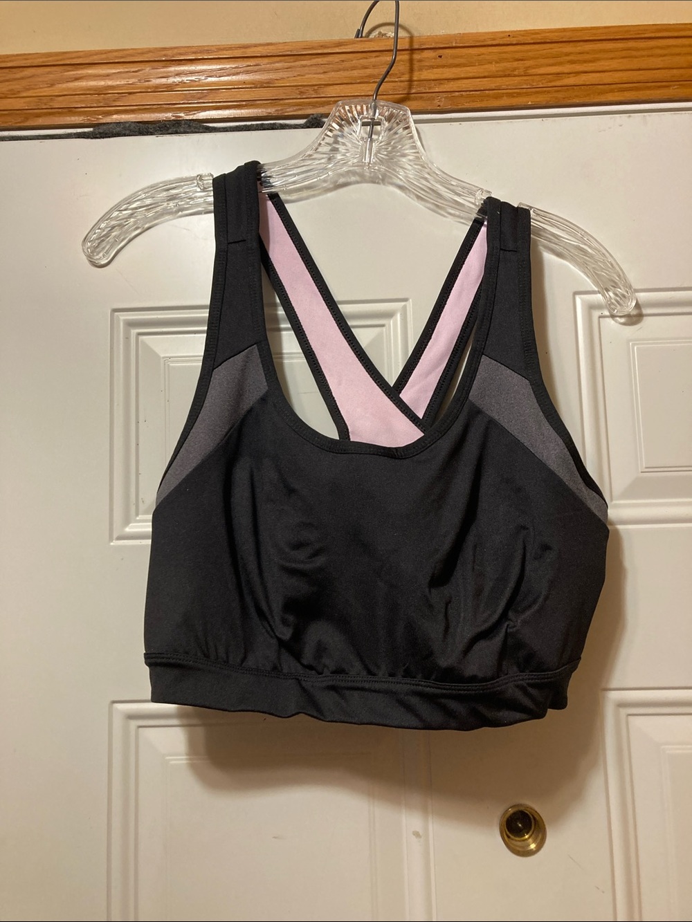 Women's Black Sports Bra with Pink Contrast Straps XL